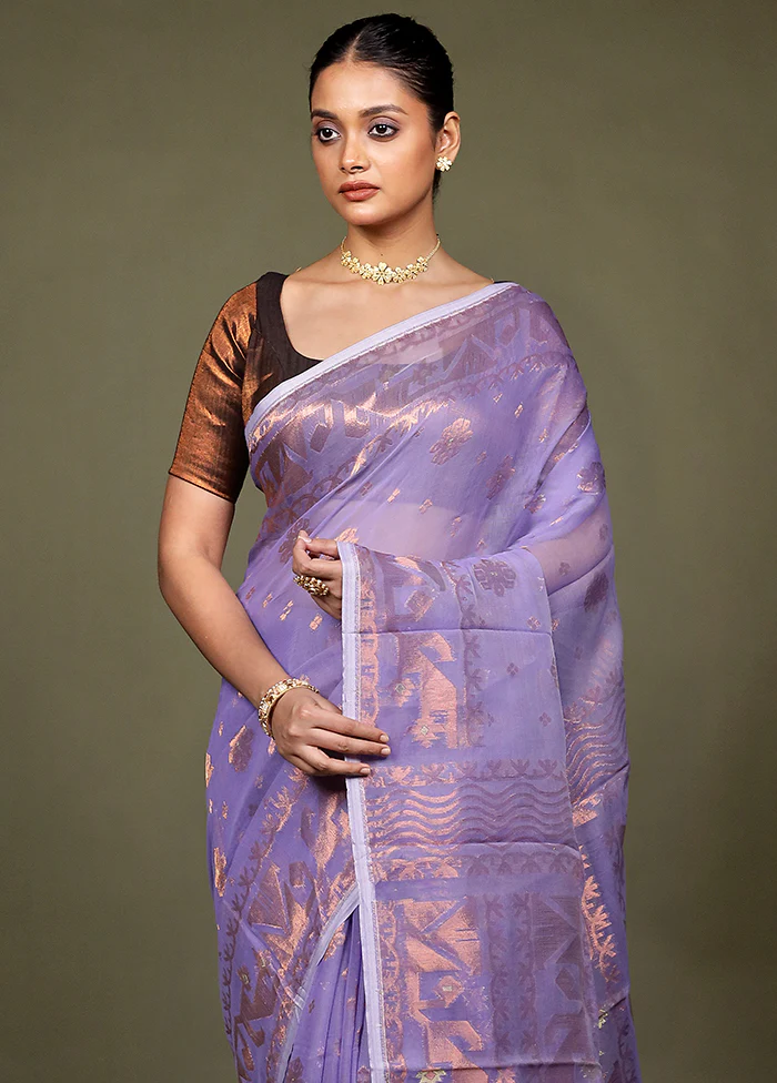 Purple Tant Jamdani Saree Without Blouse Piece - Image 2