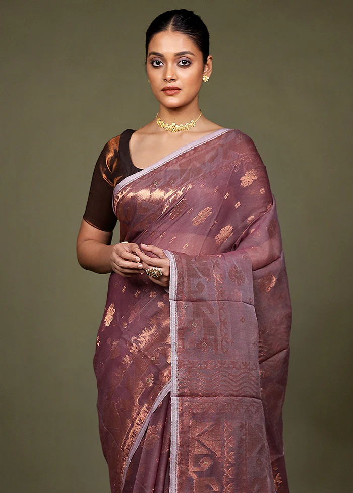 Purple Tant Jamdani Saree Without Blouse Piece - Image 2