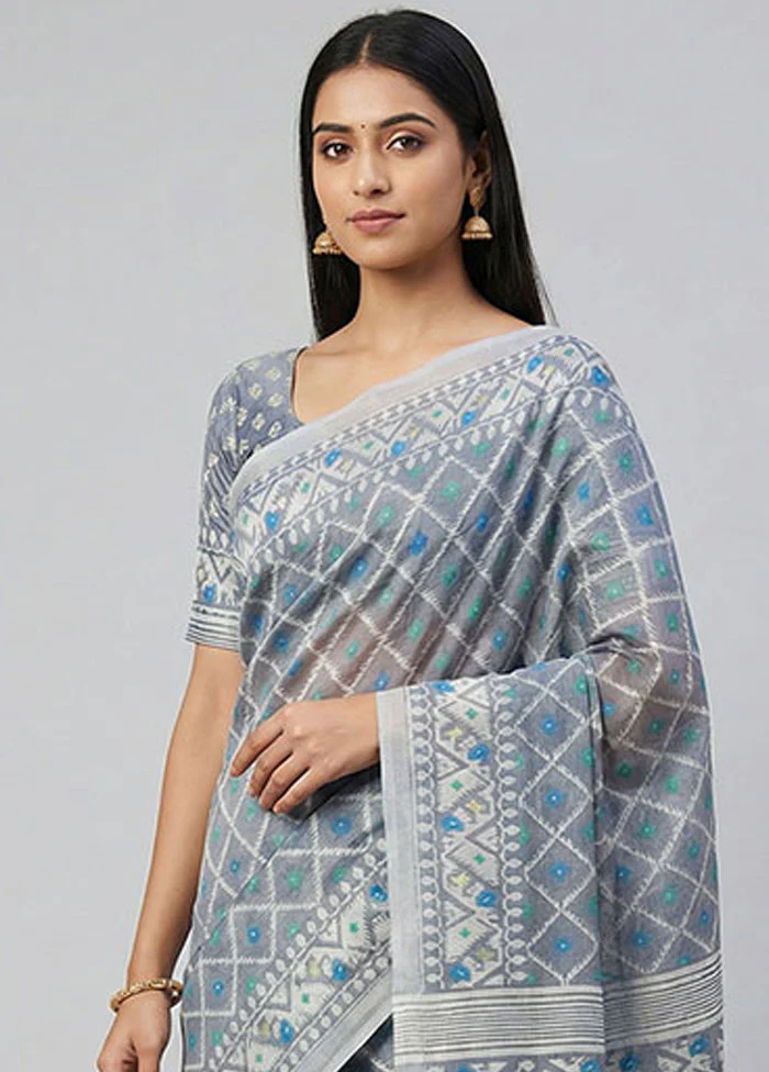 Purple Jamdani Cotton Saree Without Blouse Piece - Image 2