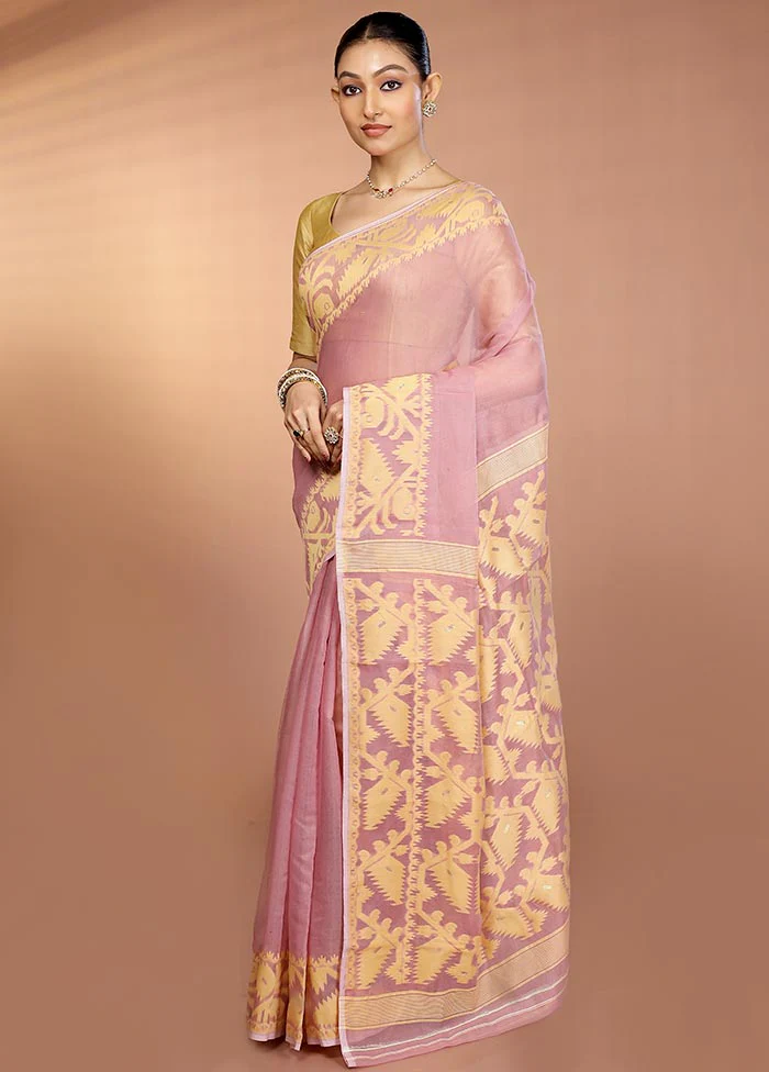 Purple Tant Jamdani Saree Without Blouse Piece - Image 4