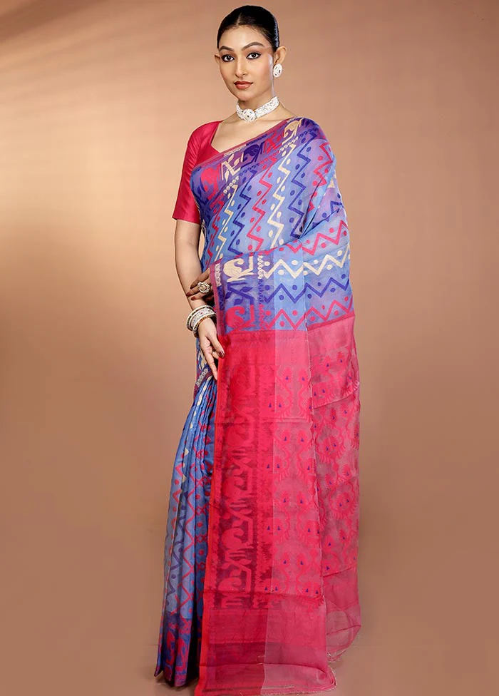 Purple Tant Jamdani Saree Without Blouse Piece - Image 4