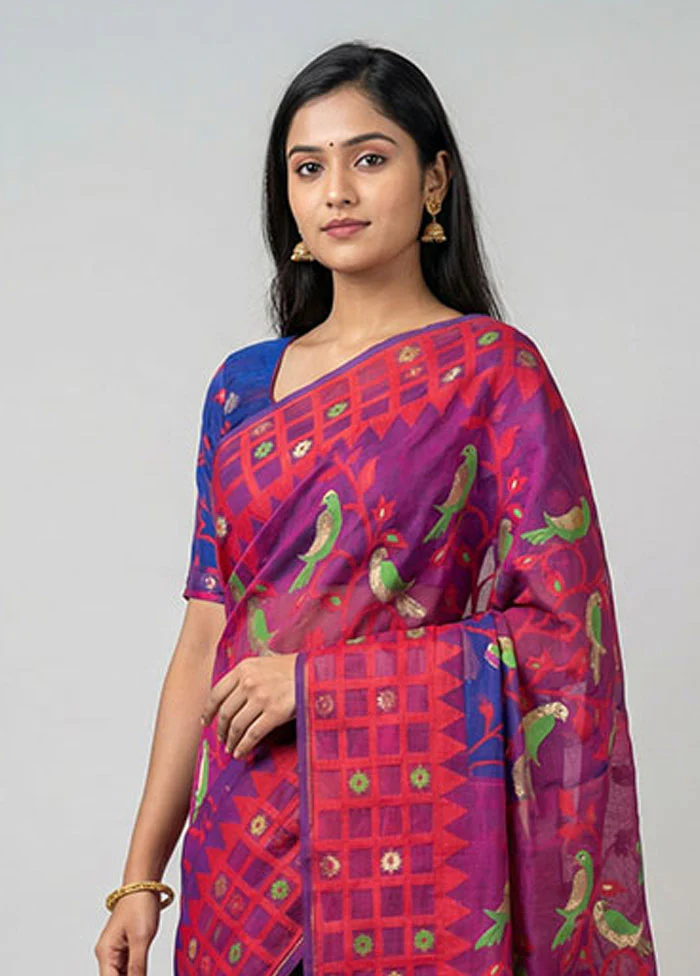 Purple Jamdani Cotton Saree Without Blouse Piece - Image 2