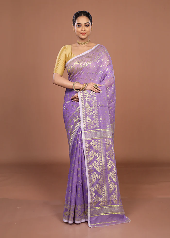 Purple Jamdani Cotton Saree Without Blouse Piece - Image 2