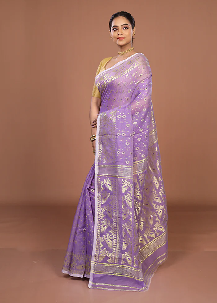 Purple Jamdani Cotton Saree Without Blouse Piece - Image 4