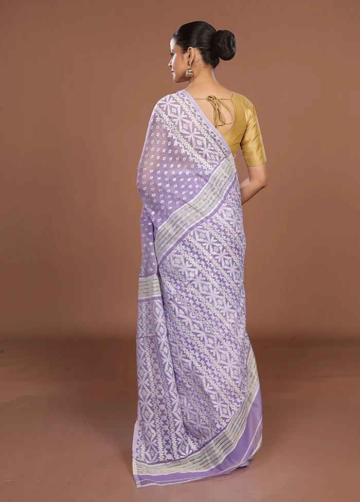 Purple Jamdani Cotton Saree Without Blouse Piece - Image 3