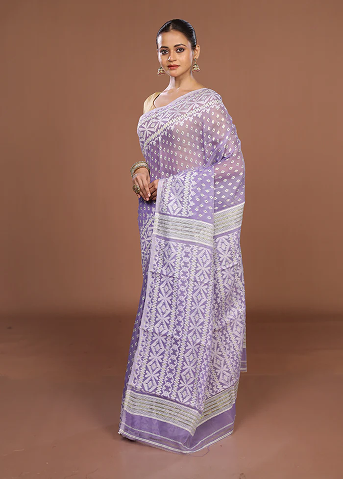 Purple Jamdani Cotton Saree Without Blouse Piece - Image 4