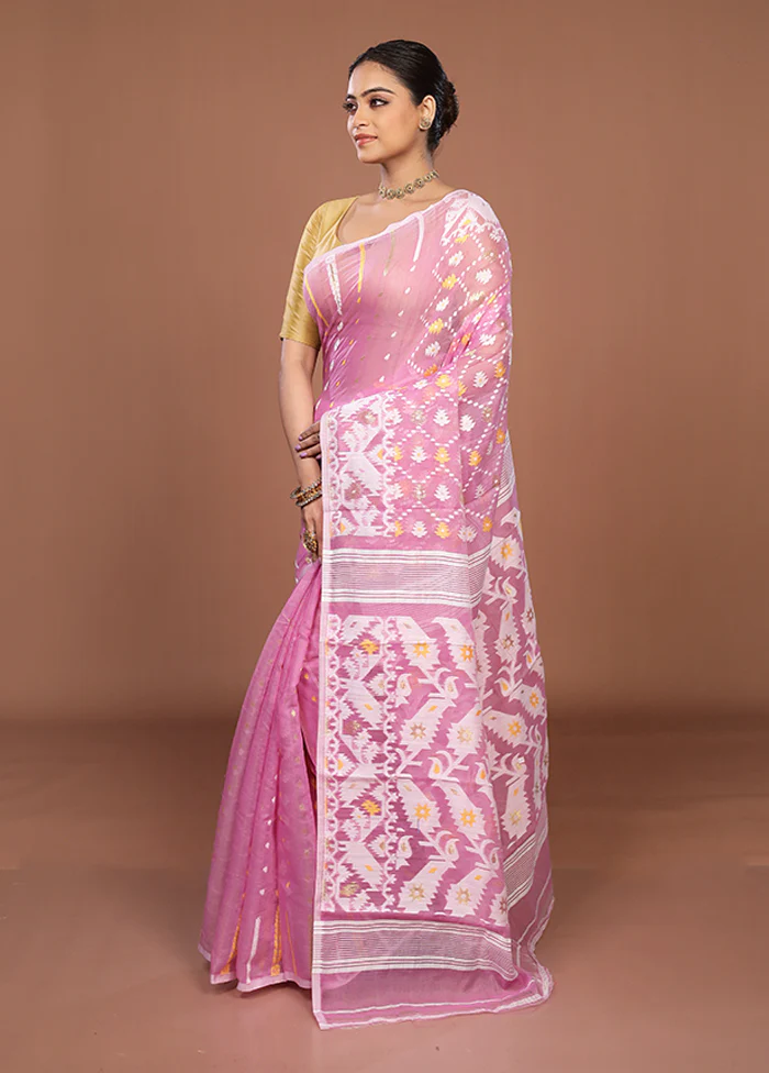 Purple Jamdani Cotton Saree Without Blouse Piece - Image 4