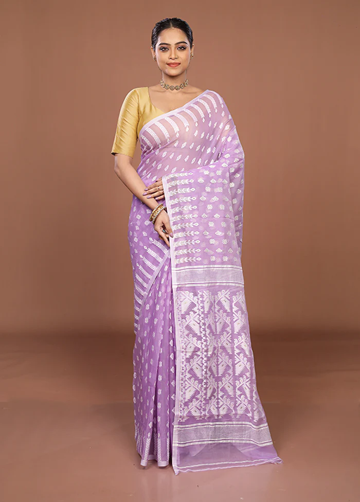 Purple Jamdani Cotton Saree Without Blouse Piece - Image 2