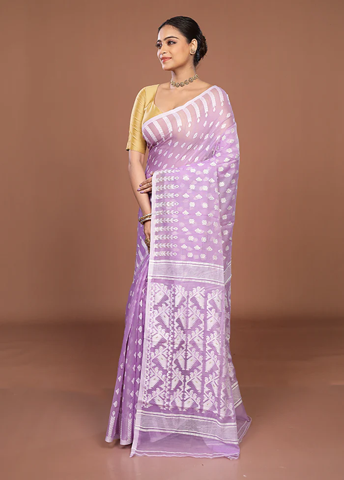 Purple Jamdani Cotton Saree Without Blouse Piece - Image 4