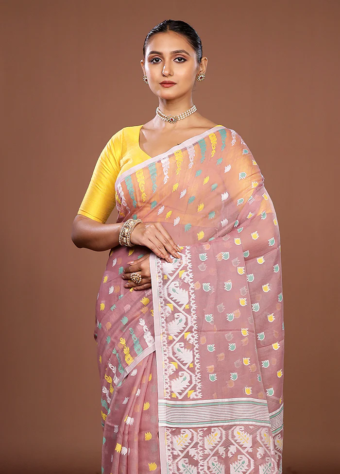 Purple Jamdani Cotton Saree Without Blouse Piece