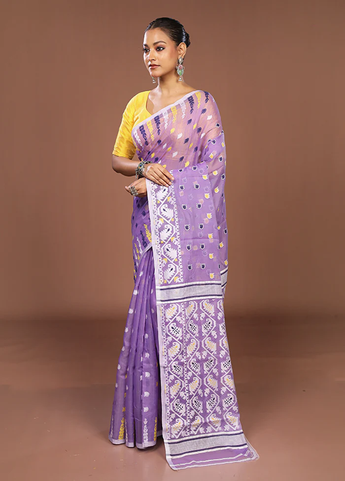 Purple Jamdani Cotton Saree Without Blouse Piece - Image 4