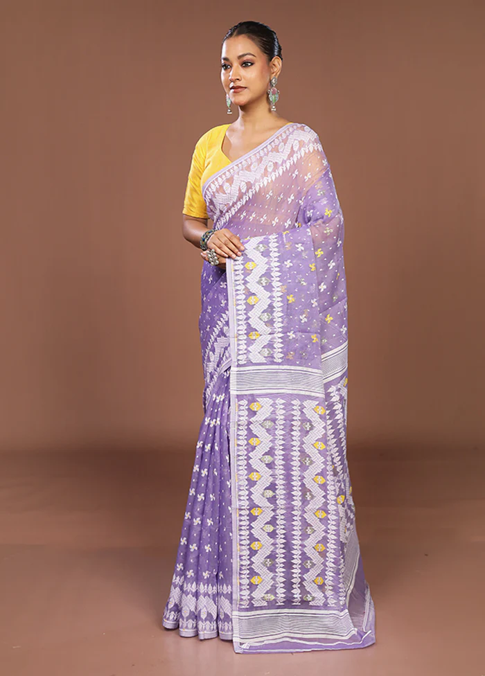 Purple Jamdani Cotton Saree Without Blouse Piece - Image 4