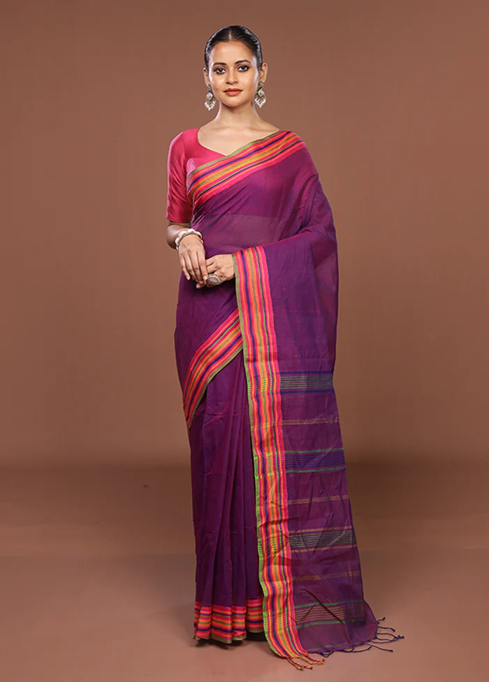 Purple Jamdani Cotton Saree Without Blouse Piece - Image 2