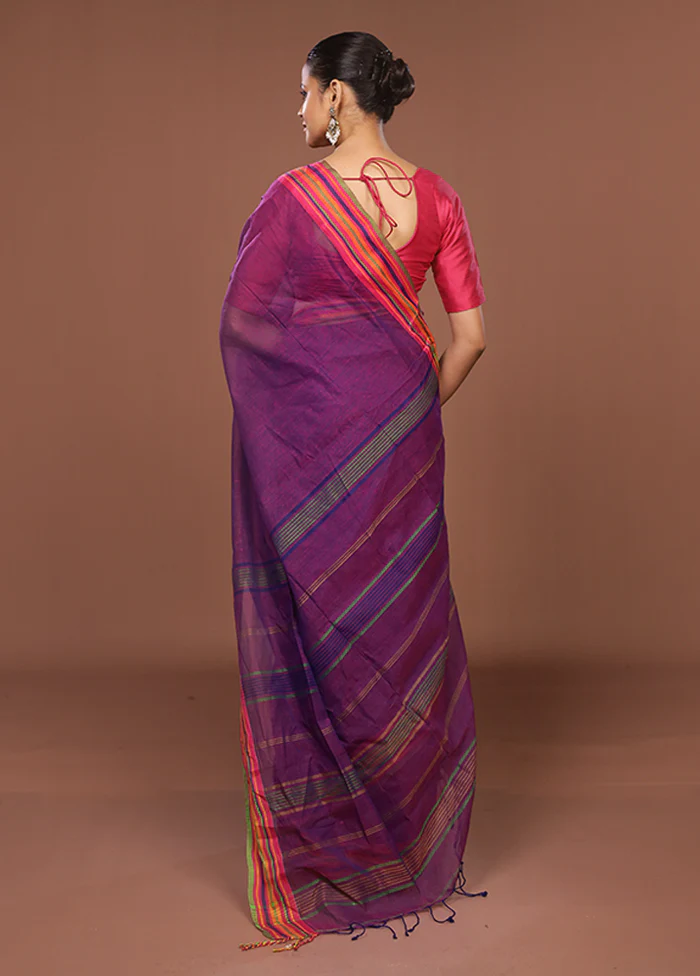 Purple Jamdani Cotton Saree Without Blouse Piece - Image 3