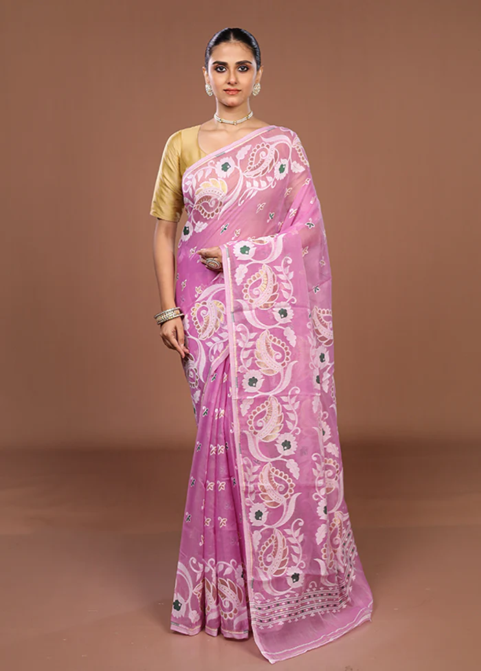 Purple Jamdani Cotton Saree Without Blouse Piece - Image 2