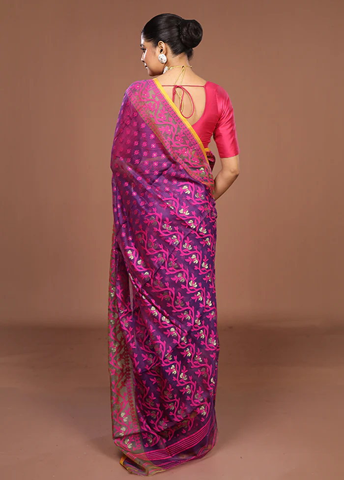Purple Jamdani Cotton Saree Without Blouse Piece - Image 3