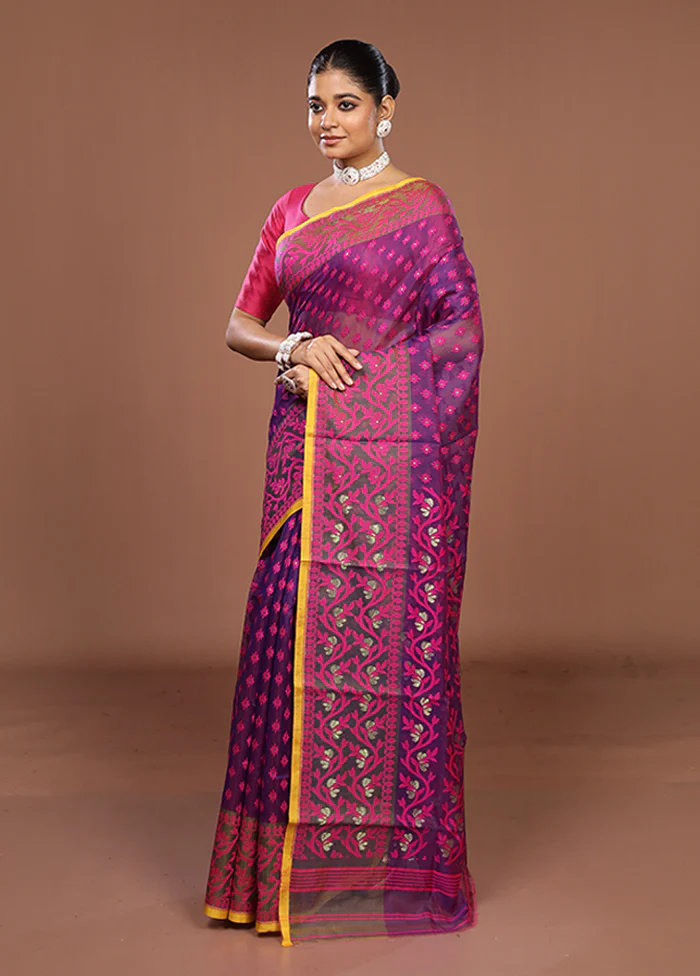 Purple Jamdani Cotton Saree Without Blouse Piece - Image 4