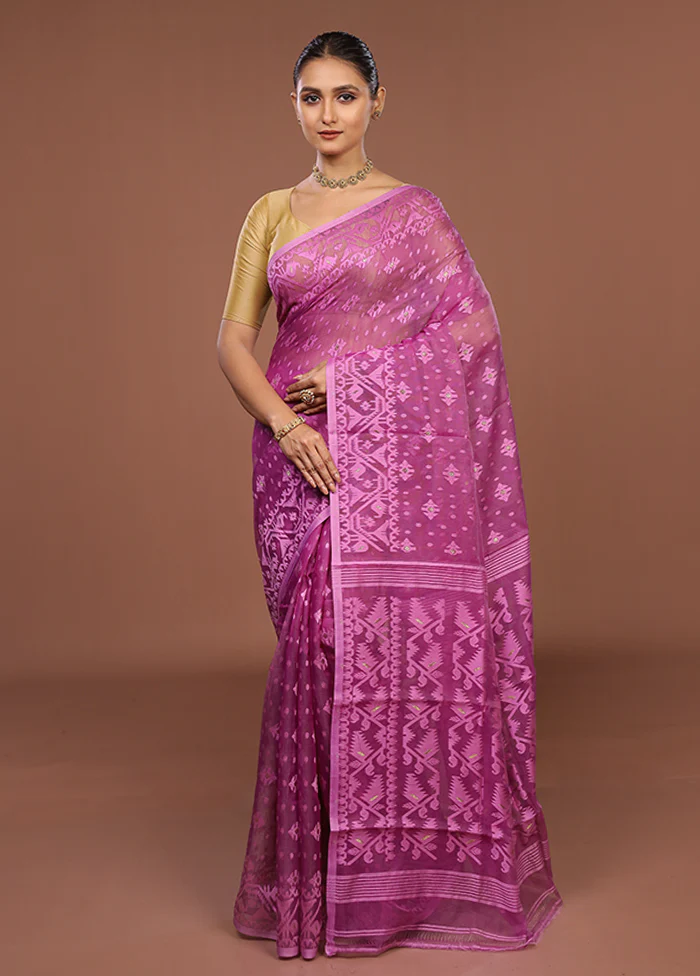 Purple Jamdani Cotton Saree Without Blouse Piece - Image 2