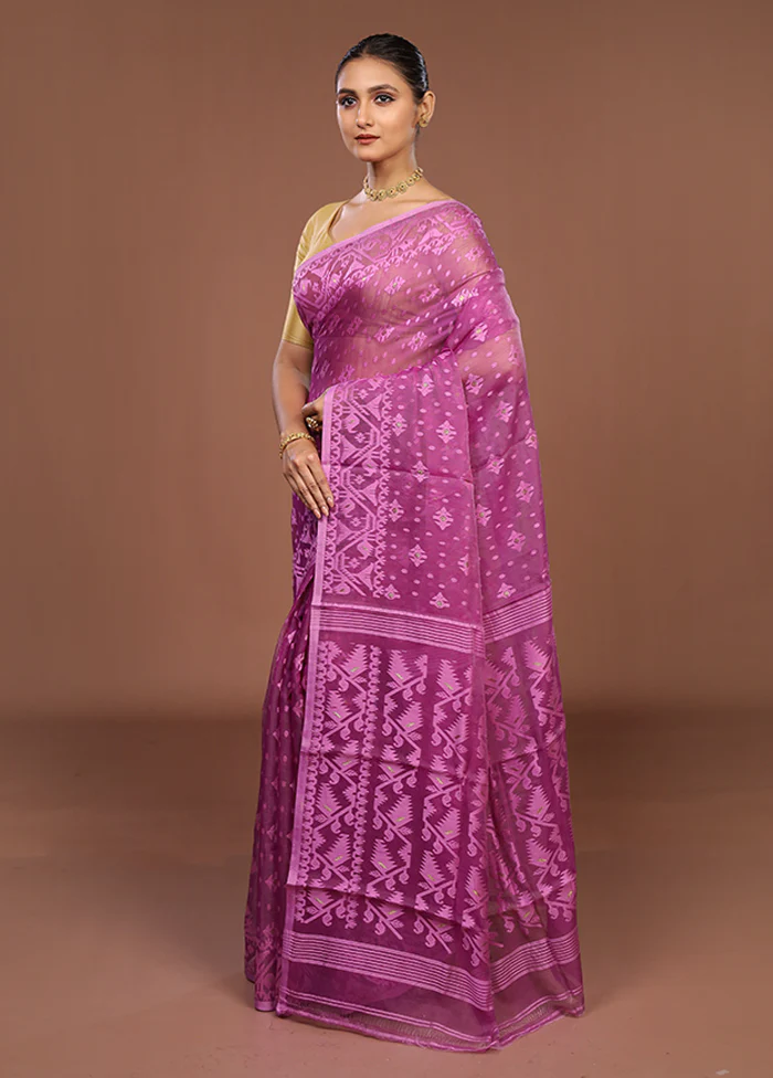 Purple Jamdani Cotton Saree Without Blouse Piece - Image 4