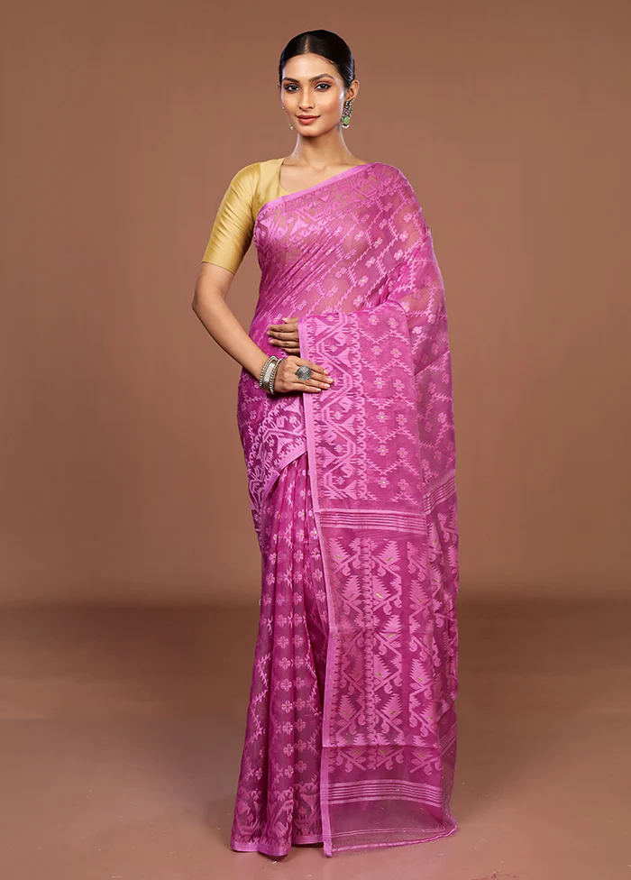 Purple Jamdani Cotton Saree Without Blouse Piece - Image 2