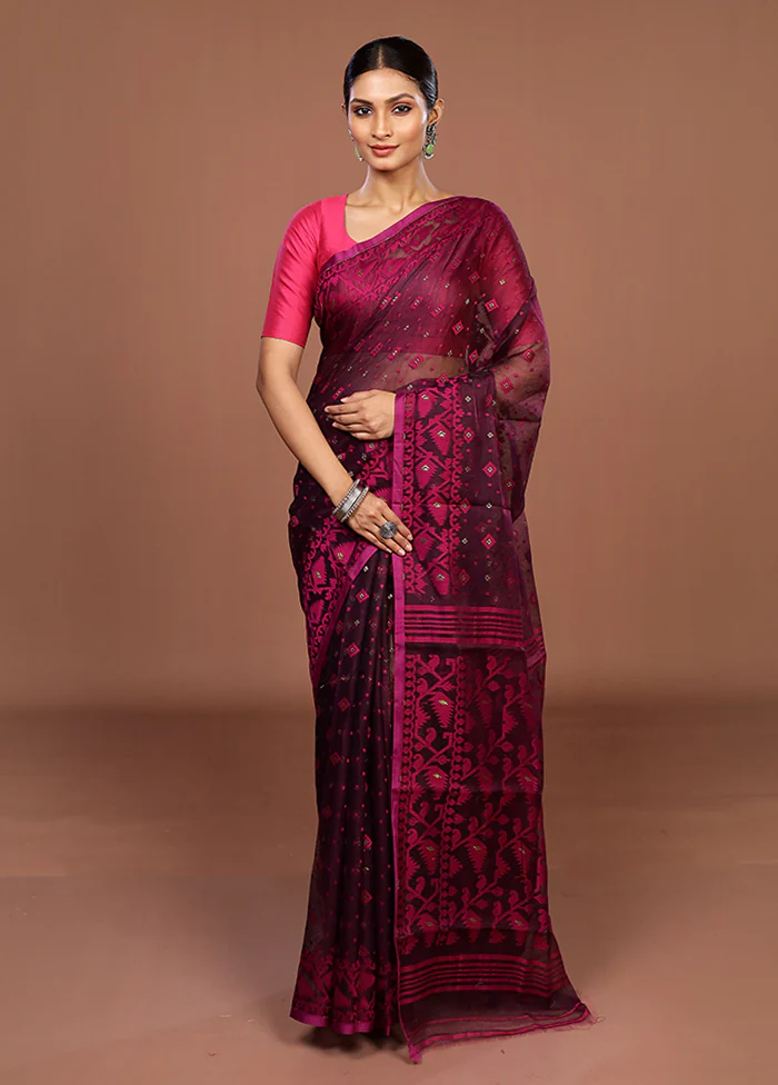 Purple Jamdani Cotton Saree Without Blouse Piece - Image 2