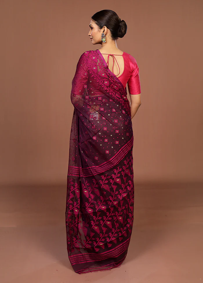 Purple Jamdani Cotton Saree Without Blouse Piece - Image 3