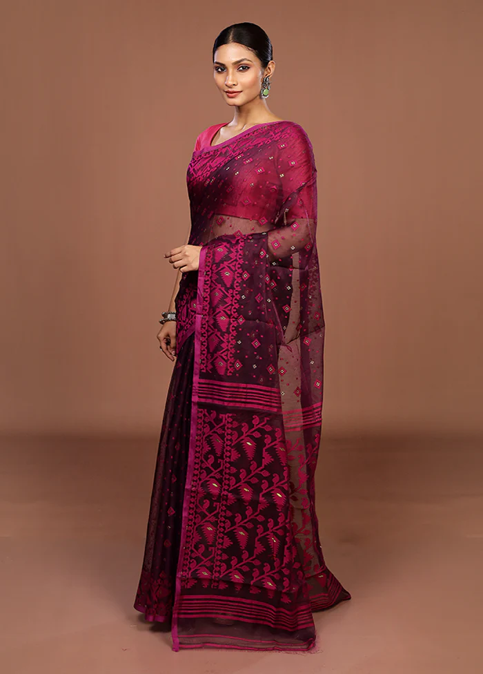 Purple Jamdani Cotton Saree Without Blouse Piece - Image 4