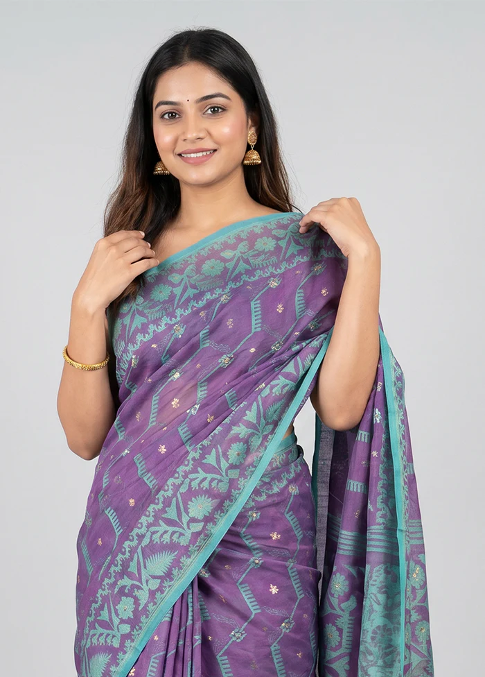 Purple Jamdani Cotton Saree Without Blouse Piece - Image 2
