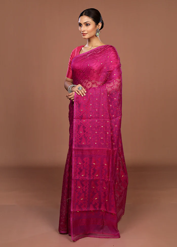 Purple Jamdani Cotton Saree Without Blouse Piece - Image 4