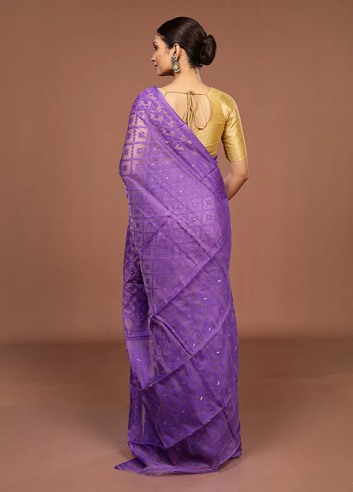Purple Jamdani Cotton Saree Without Blouse Piece - Image 3