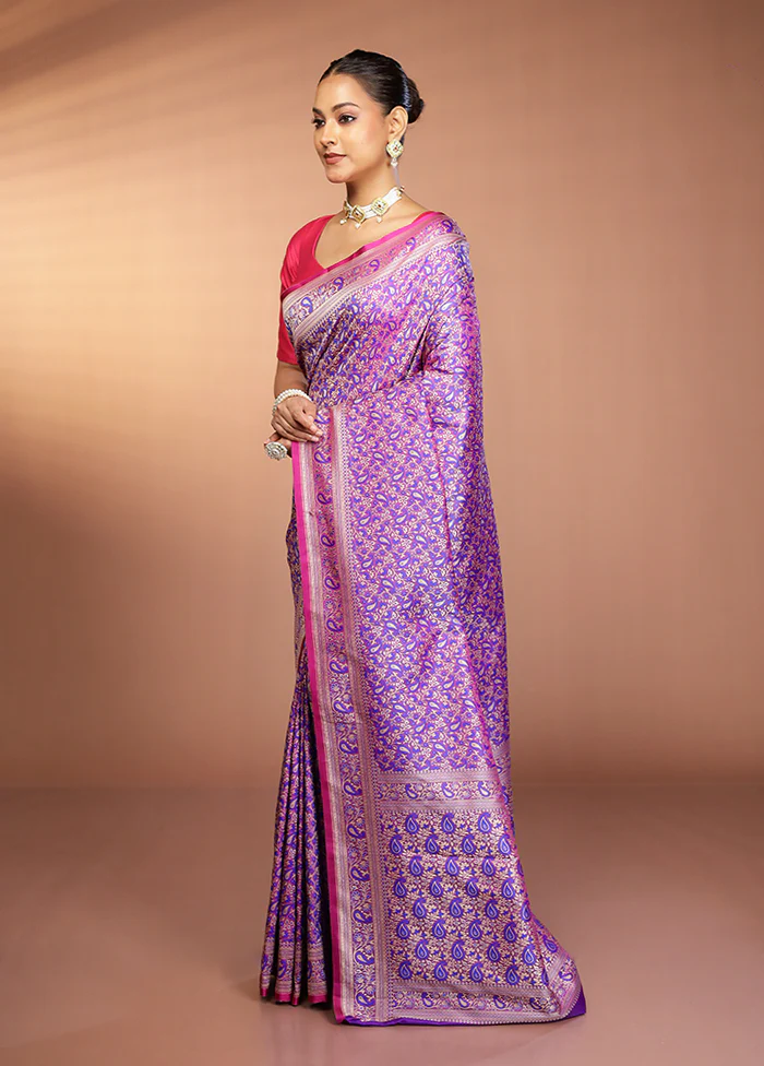 Purple Jamewar Silk Saree With Blouse Piece - Image 4