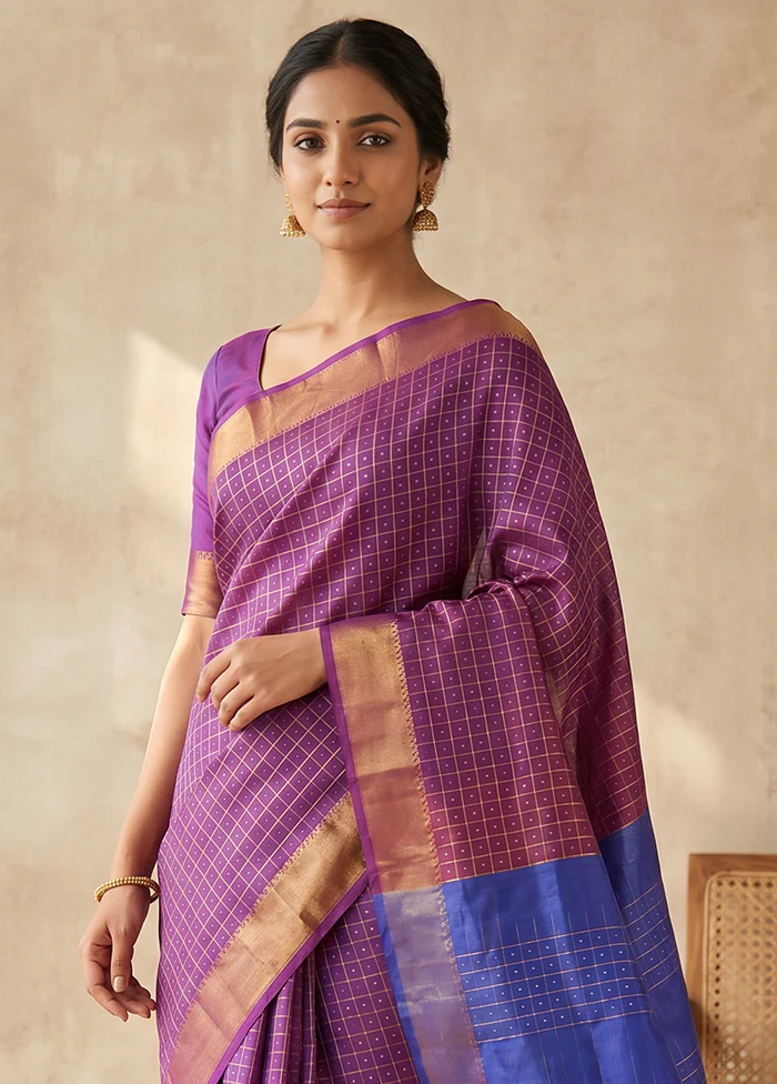 Purple kalakshetra Silk Saree With Blouse Piece - Image 2