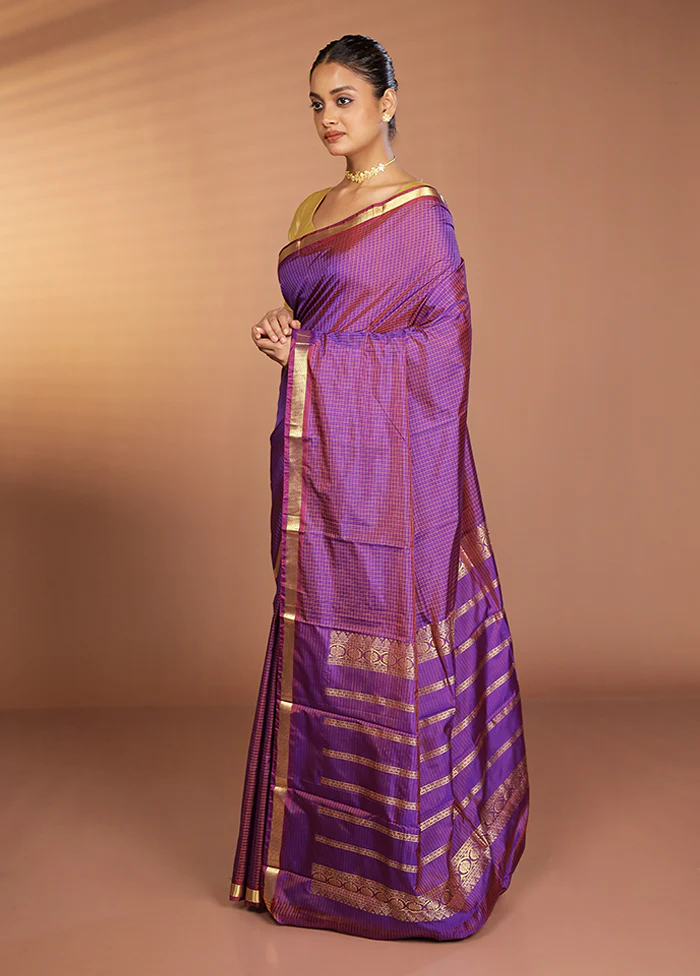 Purple Kanjivaram Silk Saree With Blouse Piece - Image 4