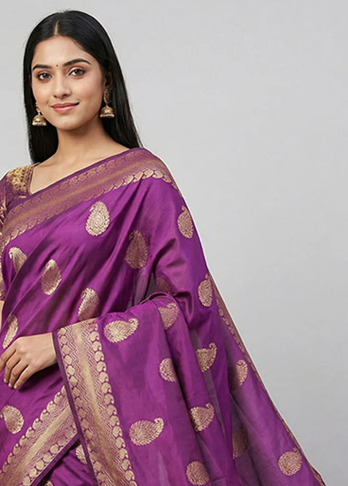 Purple Kanjivaram Silk Saree With Blouse Piece - Image 2