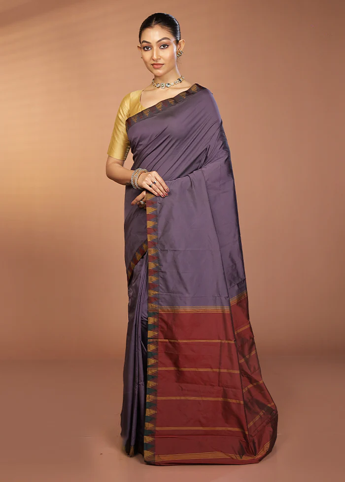 Purple Kanjivaram Silk Saree With Blouse Piece - Image 4