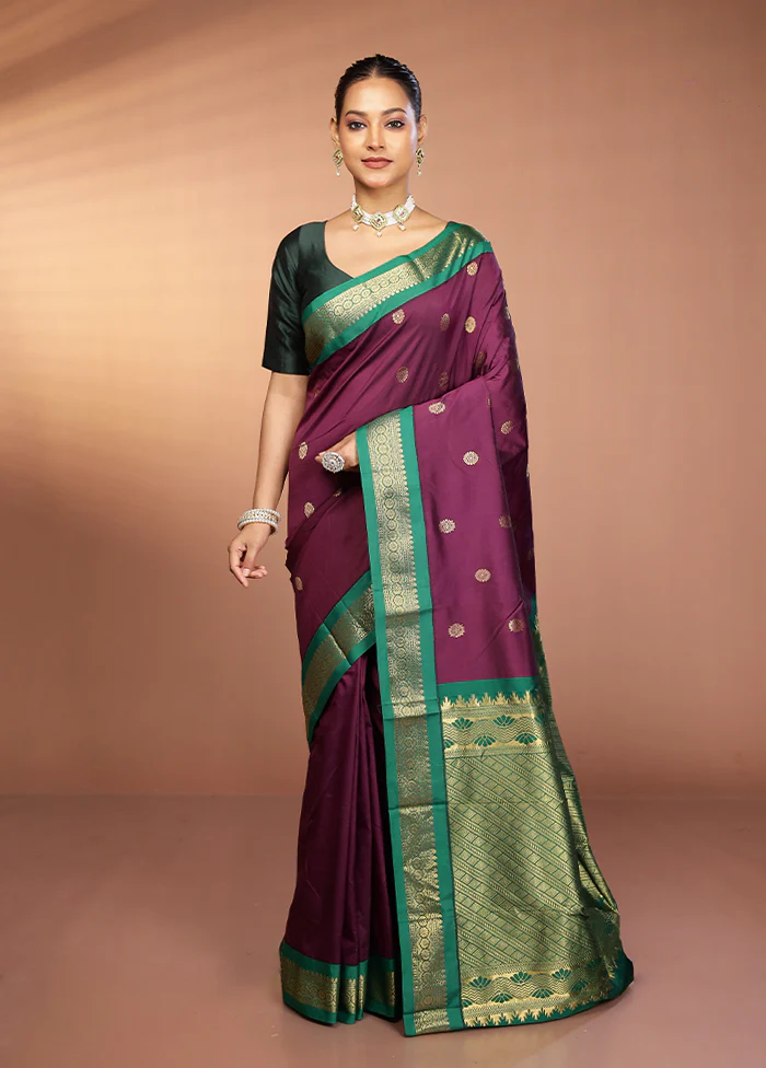 Purple Kanjivaram Silk Saree With Blouse Piece - Image 2