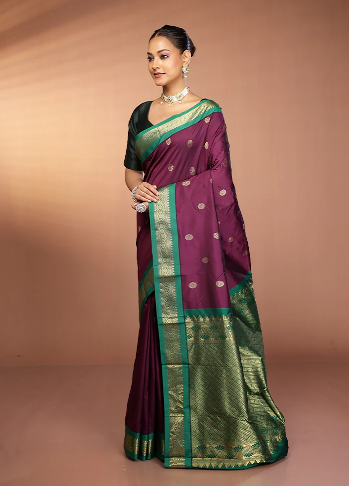 Purple Kanjivaram Silk Saree With Blouse Piece - Image 4