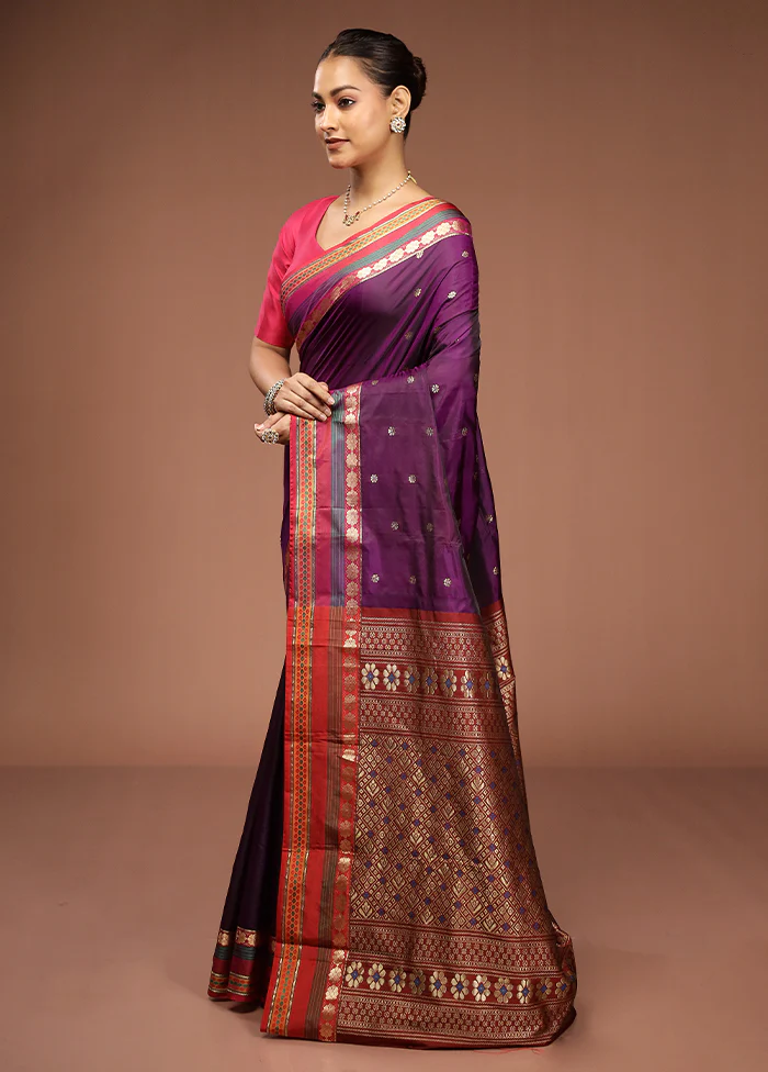 Purple Kanjivaram Silk Saree With Blouse Piece - Image 4