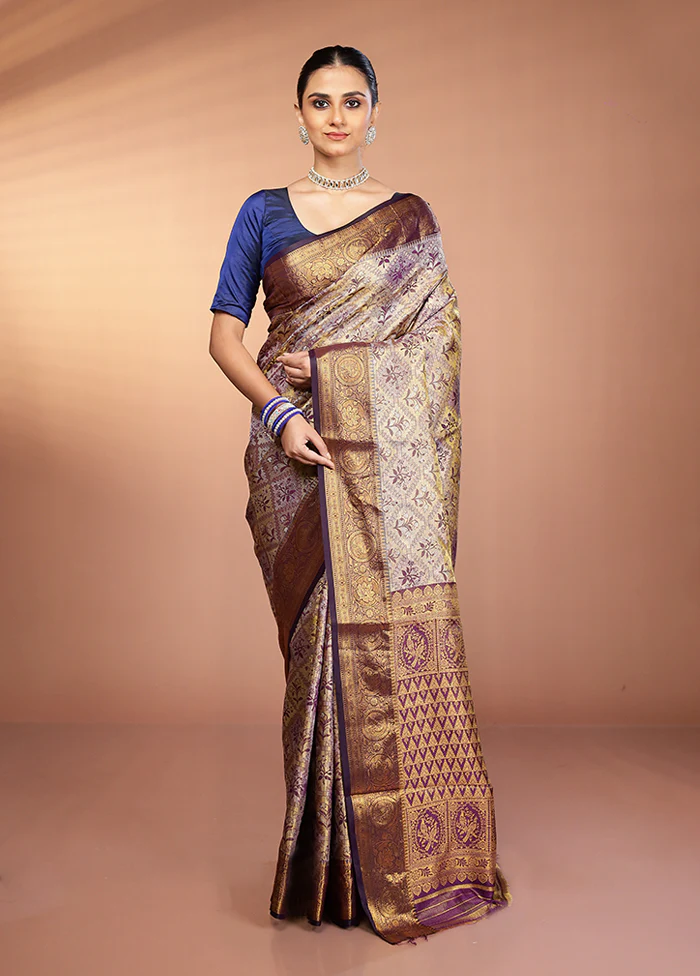 Purple Kanjivaram Silk Saree With Blouse Piece - Image 2
