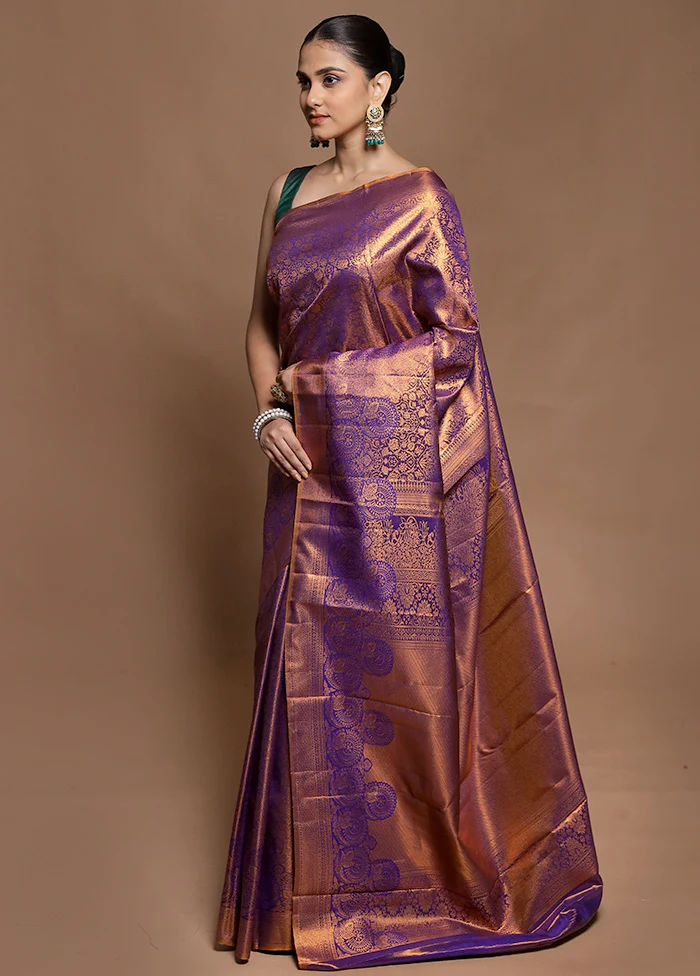 Purple Kanjivaram Silk Saree With Blouse Piece - Image 4