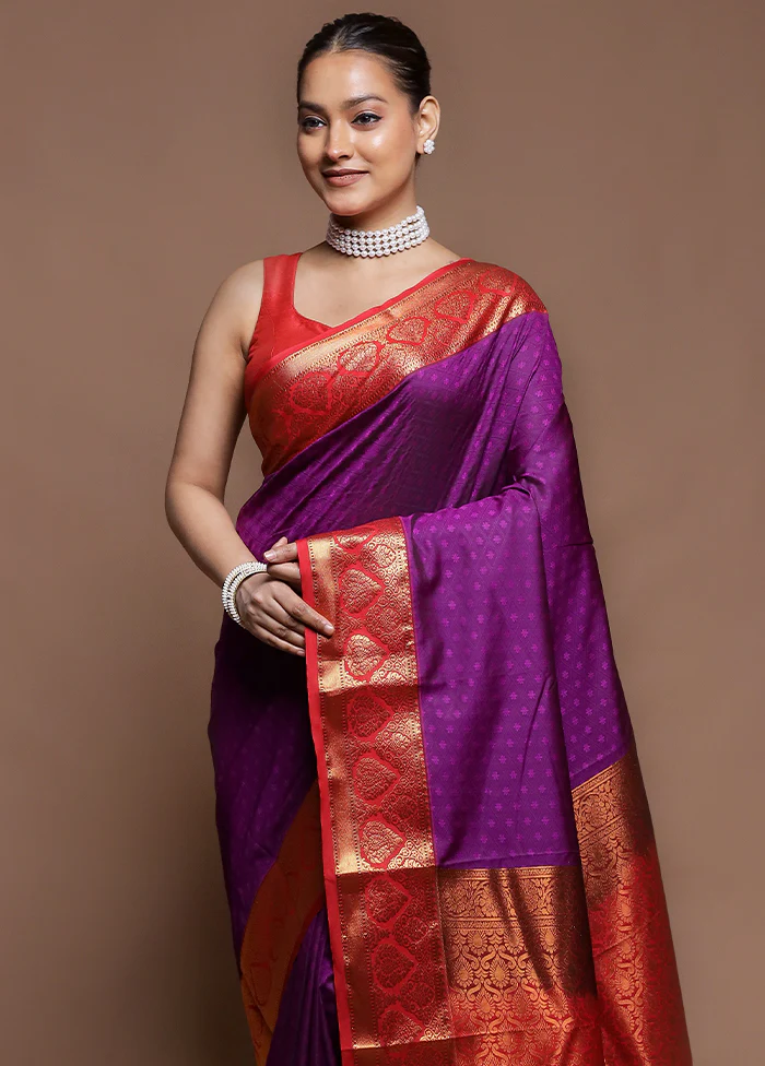 Purple Kanjivaram Silk Saree With Blouse Piece - Image 2