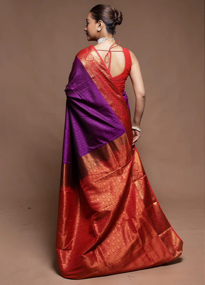 Purple Kanjivaram Silk Saree With Blouse Piece - Image 3