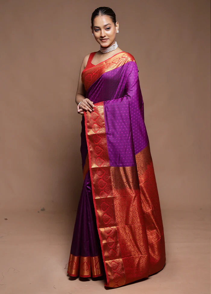 Purple Kanjivaram Silk Saree With Blouse Piece - Image 4