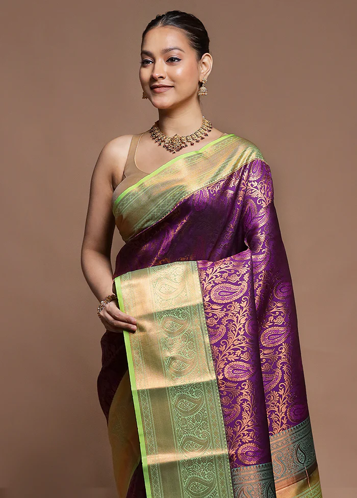 Purple Kanjivaram Silk Saree With Blouse Piece - Image 2