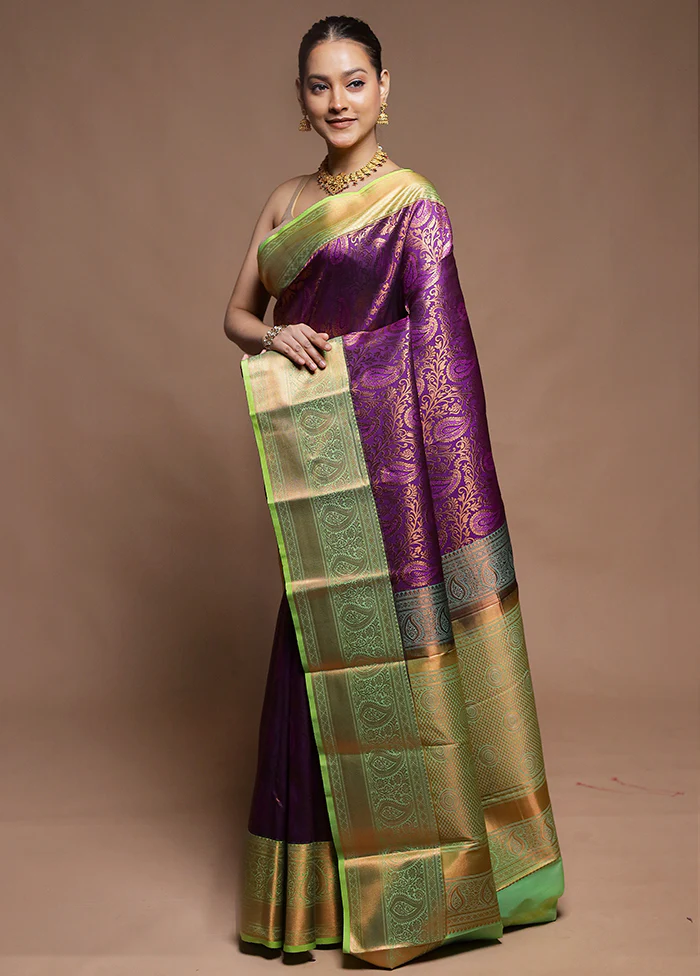 Purple Kanjivaram Silk Saree With Blouse Piece - Image 4