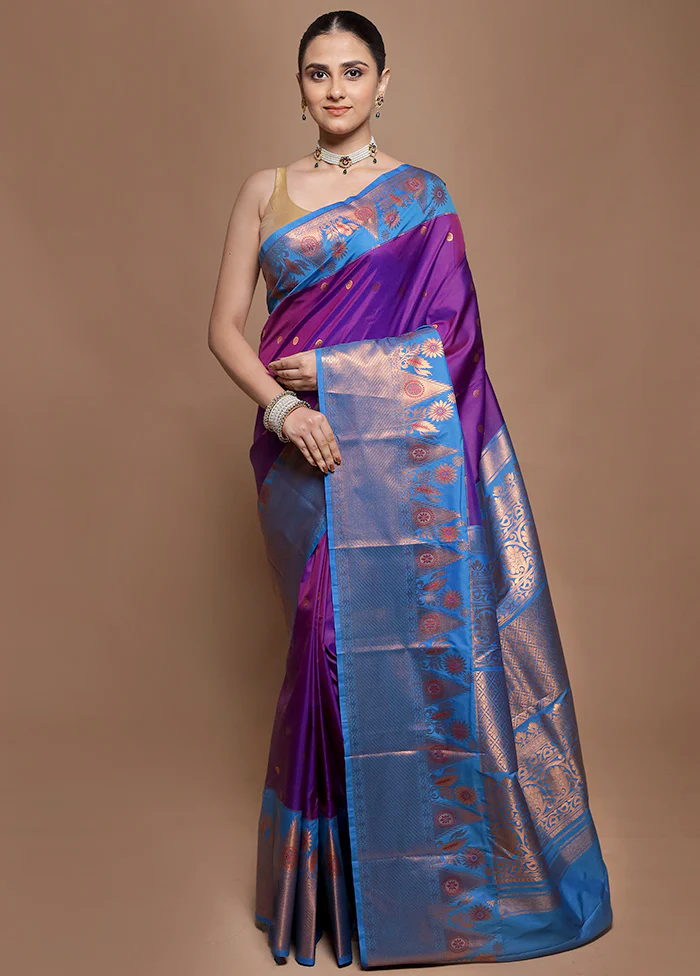 Purple Kanjivaram Silk Saree With Blouse Piece