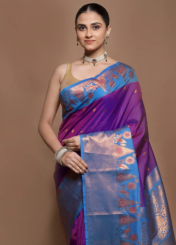 Purple Kanjivaram Silk Saree With Blouse Piece - Image 2