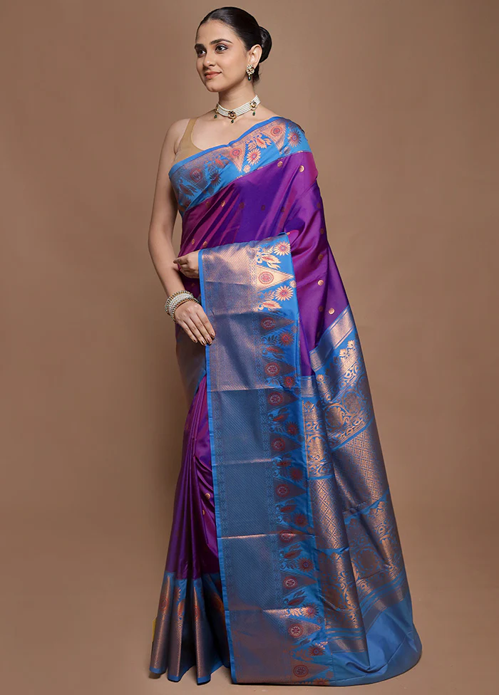 Purple Kanjivaram Silk Saree With Blouse Piece - Image 4