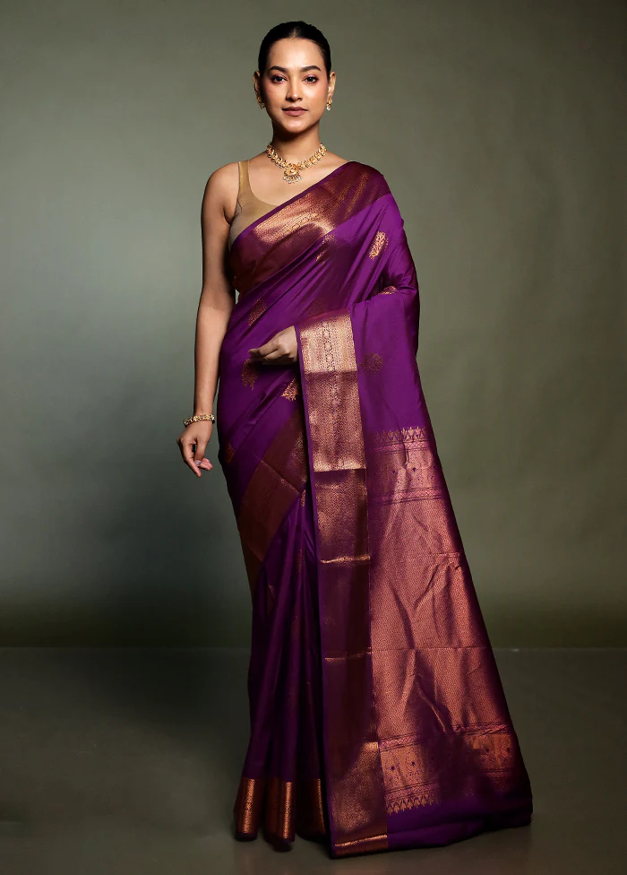 Purple Kanjivaram Silk Saree With Blouse Piece - Image 2