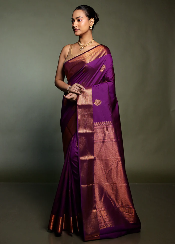 Purple Kanjivaram Silk Saree With Blouse Piece - Image 4